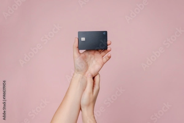 Fototapeta Close up elegant hand hold a blank credit card with online service for mockup isolated on pink background. Modern way of banking and buying