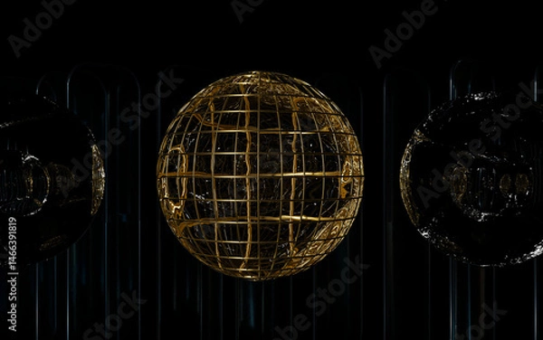 Obraz Golden Wireframe Sphere on Black Background – Ideal for Futuristic Tech Websites, NFT Artwork Displays, or Sci-Fi Branding Projects