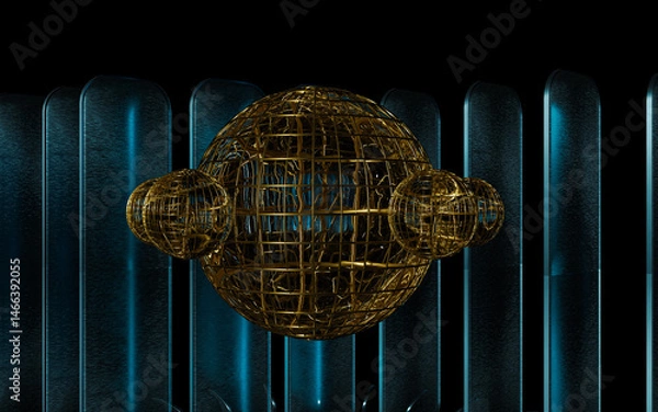 Fototapeta Futuristic Golden Orb with Satellite Spheres on Blue Background – Perfect for NFT Projects, Sci-Fi Game Assets, or Tech Presentation Slides