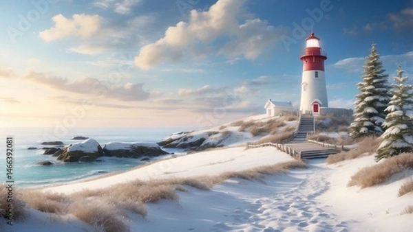 Obraz  Peaceful coastal scene with a lighthouse decorated for the holidays, snow on the ground and gentle sky 