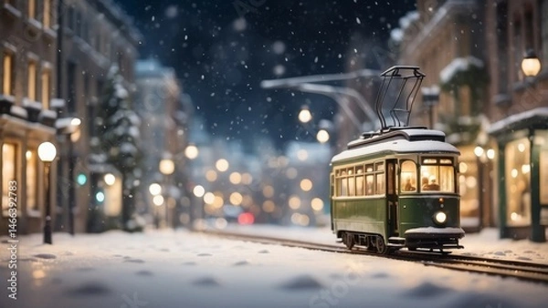 Obraz Peaceful winter cityscape with falling snow, soft lights, and a charming miniature tram