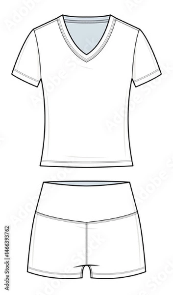 Obraz V-Neck Cropped T-Shirt and Mid-Rise Shorts Technical Fashion Illustration. Women’s Fitted Workout Set Vector Template. Front View. Activewear Ensemble. CAD Mockup.