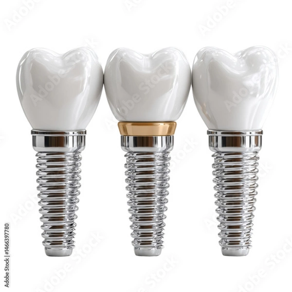 Fototapeta Three dental implants are displayed on a white backdrop, one featu a gold component to illustrate different options for restorative dentistry services.