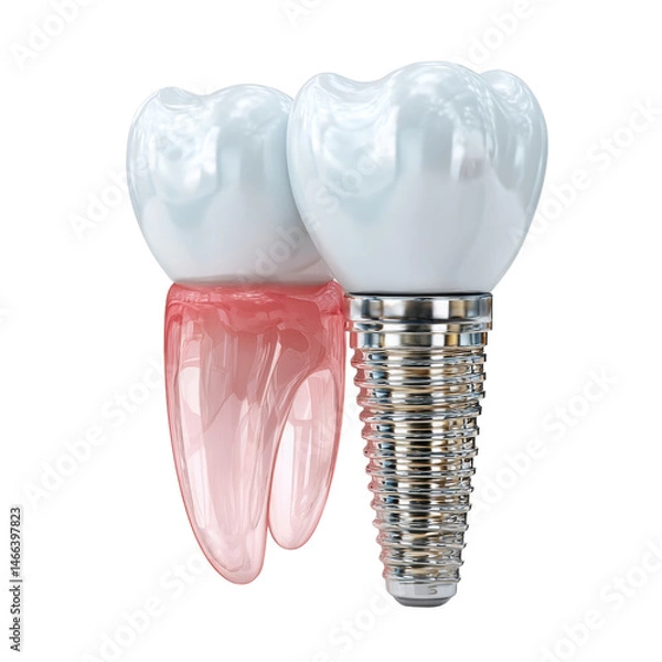 Fototapeta A dental implant stands next to a semi transparent molar, showcasing modern dentistry and restoration on a clean, white background, emphasizing dental health.