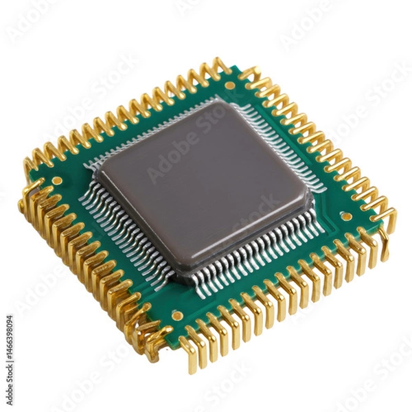 Fototapeta A close up shot of a microprocessor with a green circuit board and gold pins, on a white background showcasing the intricate details of its construction.