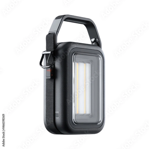 Fototapeta A modern black portable lantern with a rectangular light panel and a sturdy carrying handle, shown against a clean white background for high visibility usage.