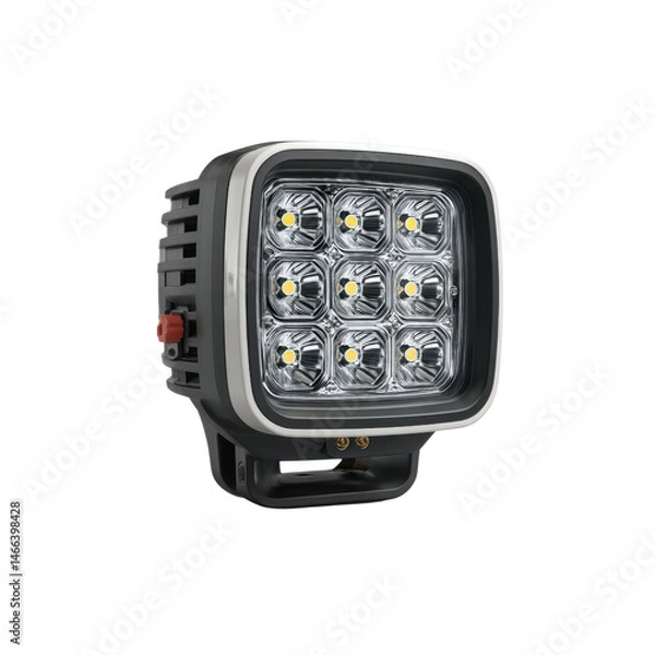 Fototapeta A square LED work light with nine powerful bulbs is mounted on a black bracket, featu a white bezel and heat sink fins for efficient cooling system use.