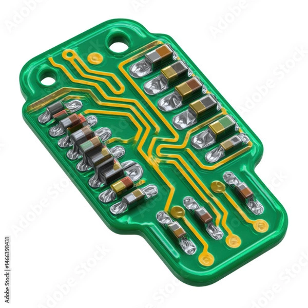 Fototapeta A green circuit board with yellow traces and surface mount components, demonstrating intricate electronic design and technology, set against a white background.
