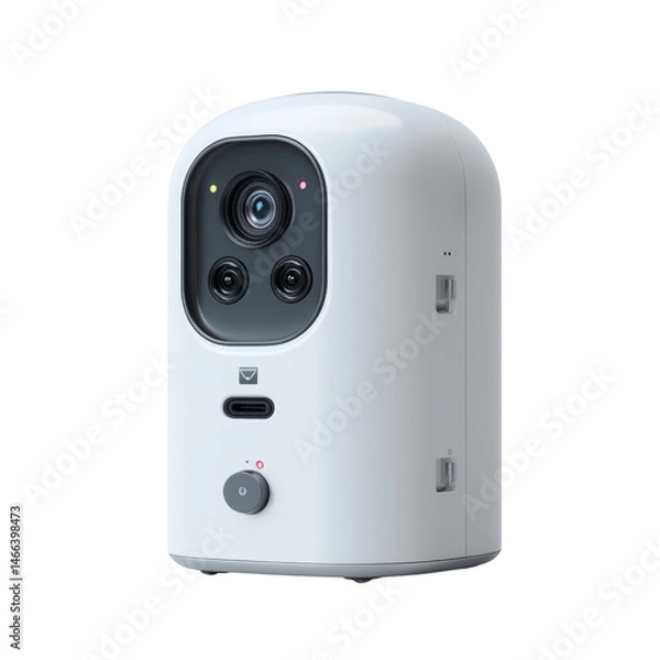 Fototapeta Wireless security camera with a compact design is isolated against a clean white background, perfect for modern smart home surveillance and security systems.