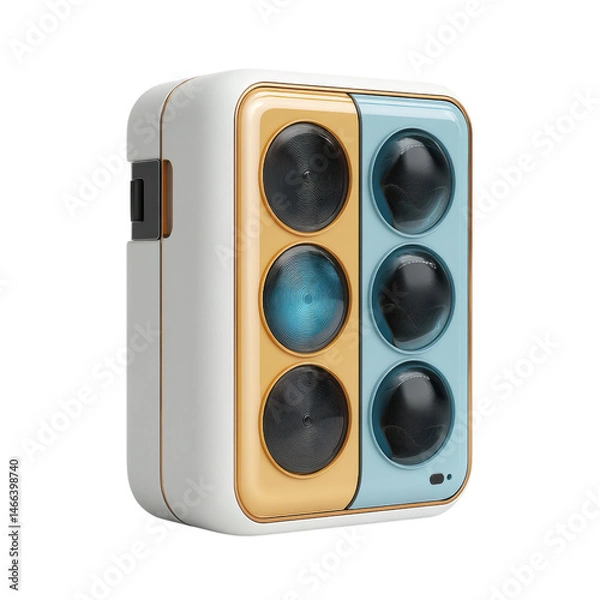 Fototapeta A futuristic white, gold, and blue device with six round displays a soft glow from one of its openings against a plain background, showing a creative design.