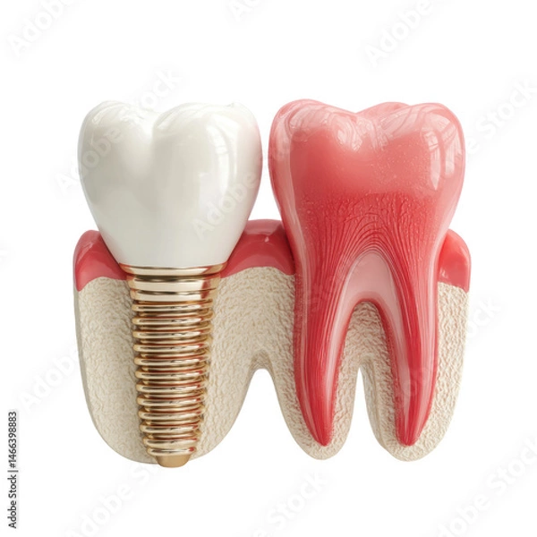 Fototapeta A dental implant stands adjacent to a natural tooth demonstrating the difference in structure on a white background highlighting dental health and oral hygiene.