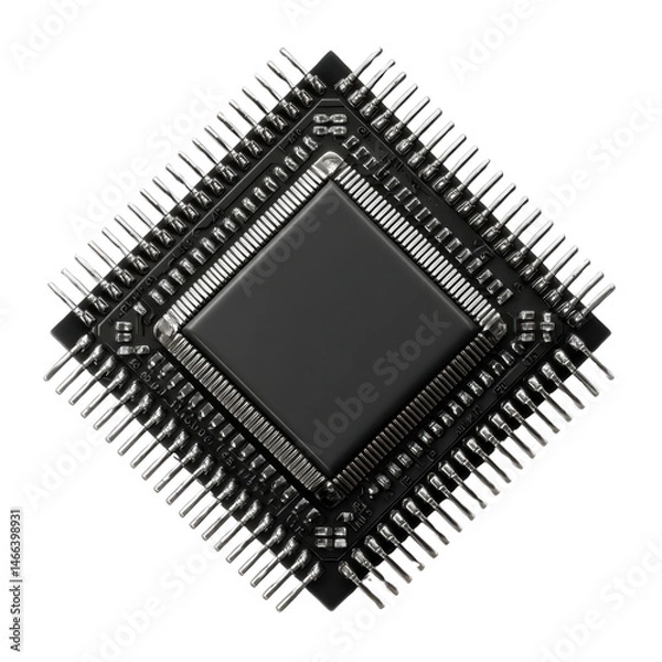 Fototapeta A highly detailed, symmetrical view of a modern black computer chip with silver pins and a central processing unit on a clean, isolated white background design.