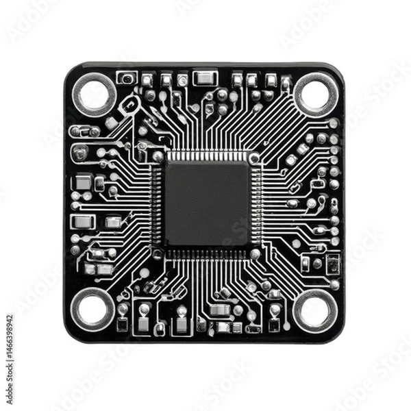 Obraz A detailed close-up shows a square black microchip with intricate circuit patterns and circular mounting holes set against a stark white background.