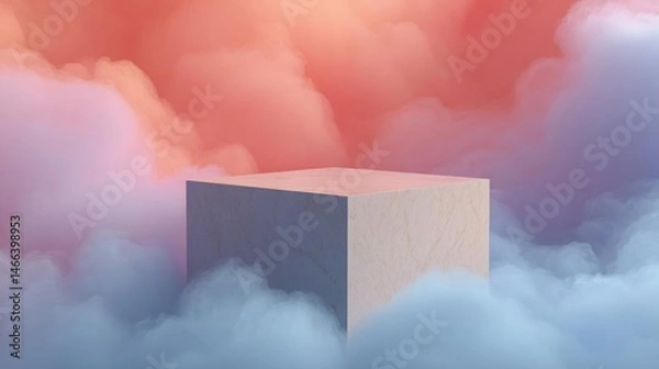 Fototapeta 3d rendering of a cube in the middle of a cloud-like landscape. the cube is white and appears to be made of a light-colored material, possibly marble or concrete.