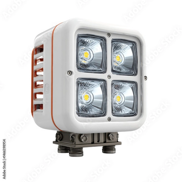 Fototapeta A bright white LED light with a square shape and an orange trim is mounted on a metal bracket against a stark white background for studio product photography.
