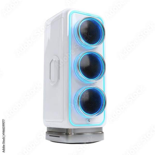 Fototapeta A futuristic white appliance with three glowing blue circular vents stands on a silver base, showcasing a blend of modern design and technological innovation.