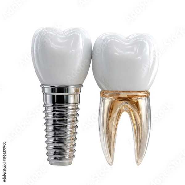 Fototapeta Close-up shows a dental implant with a screw in place, alongside an extracted tooth revealing its inner structure, all set against a clean white background.