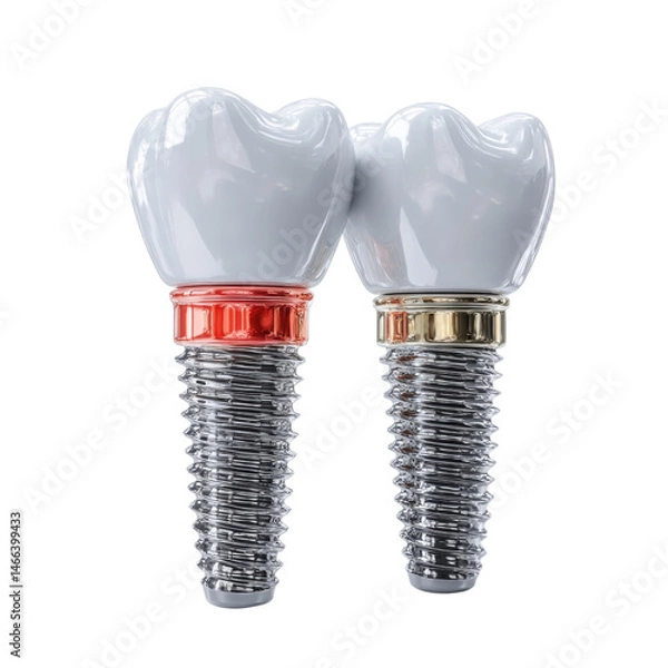 Fototapeta Two dental implants with white crowns, one accented with red and the other with gold, stand against a clean, bright white background in a studio setting.