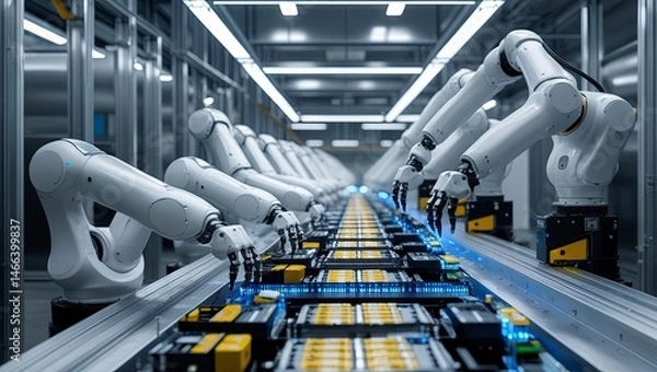 Obraz In a contemporary factory setting, white industrial robotic arms operate along an automated production line, assembling lithium-ion battery packs essential for electric vehicle manufacturing.








