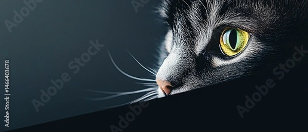 Fototapeta Feline portrait shows a grey cat's face with a striking yellow eye