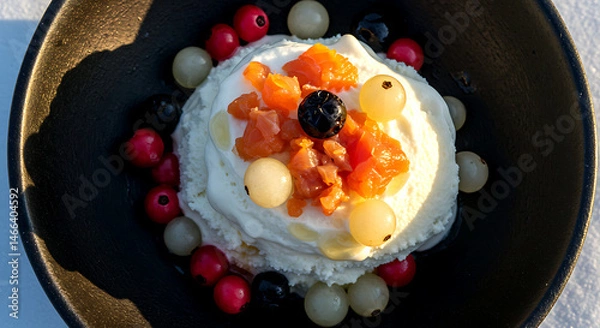 Fototapeta Alaskan Akutaq Eskimo ice cream with seal oil sheen - whipped fat, snowberries and smoked salmon flakes 
