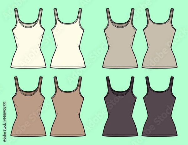 Fototapeta Fashion camisole tops bundle colour set technical drawing fashion flat sketch vector illustration template front and back views outline CAD mockup