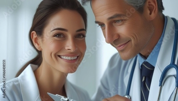 Obraz  Realistic close-up of a patient and doctor interaction, woman smiling, doctor in medical gear