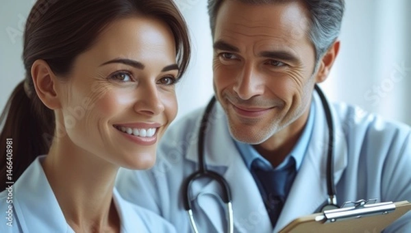 Obraz  Realistic close-up of a patient and doctor interaction, woman smiling, doctor in medical gear