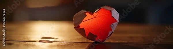 Fototapeta A paper heart with tape repairs sits on a wooden surface, symbolizing healing and resilience under warm light.