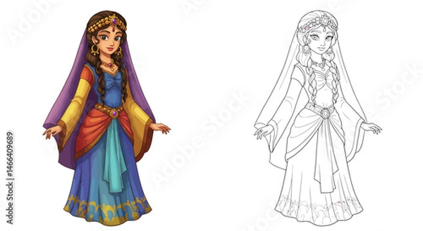 Fototapeta A Fantasy Princess Character Coloring Page:  This captivating artwork features a charming fantasy princess character. She is adorned in a vibrant, intricate gown.
