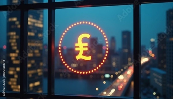 Obraz Glowing pound sterling symbol in window with cityscape at dusk for financial concepts
