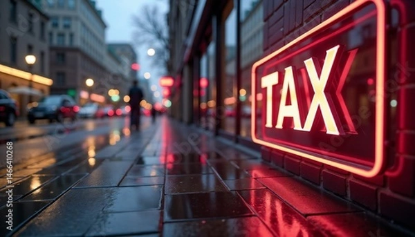 Obraz Tax sign illuminated at night on a rainy street with reflections