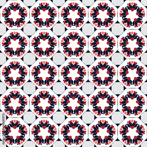 Fototapeta Red and blue flowers with geometric elements, seamless pattern