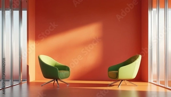 Obraz Spacious office with orange walls, green seating, and bright windows in a minimalist style