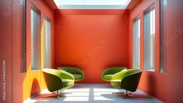 Obraz Spacious office with orange walls, green seating, and bright windows in a minimalist style