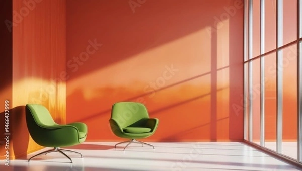 Obraz Spacious office with orange walls, green seating, and bright windows in a minimalist style