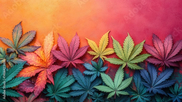 Fototapeta Colorful cannabis leaves placed in a diagonal pattern on a flat surface, highlighting the rich green tones and natural texture of marijuana 