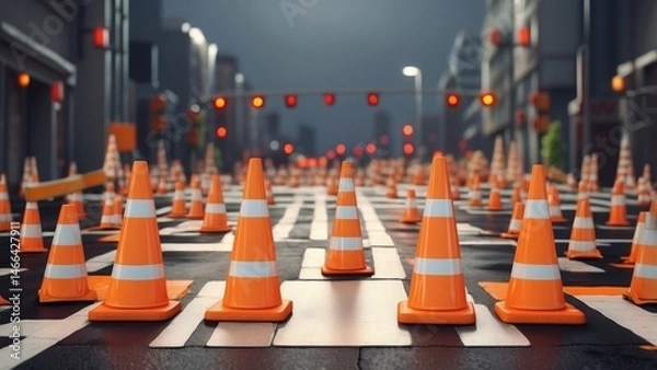 Obraz  Traffic safety scene with orange cones, warning signs, and a striped barrier in 3D style