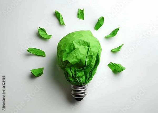 Obraz Green crumpled paper lightbulb idea eco friendly sustainable innovation concept