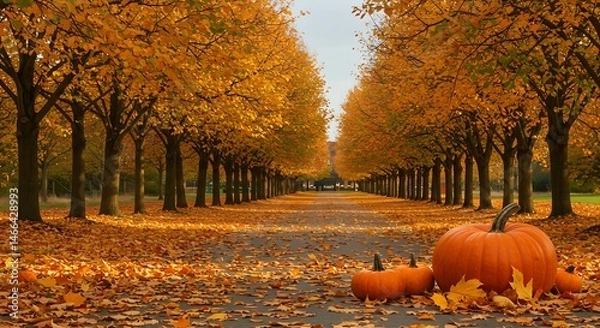 Obraz Golden Tree-Lined Path in Fall with Pumpkins on the Road