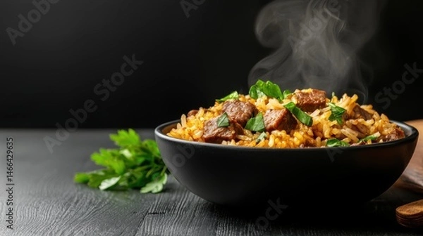 Obraz indian biryani with meat and vegetables in a bowl on a black table