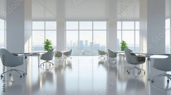 Obraz  White 3D render of a minimalist open office with ergonomic chairs and large windows 