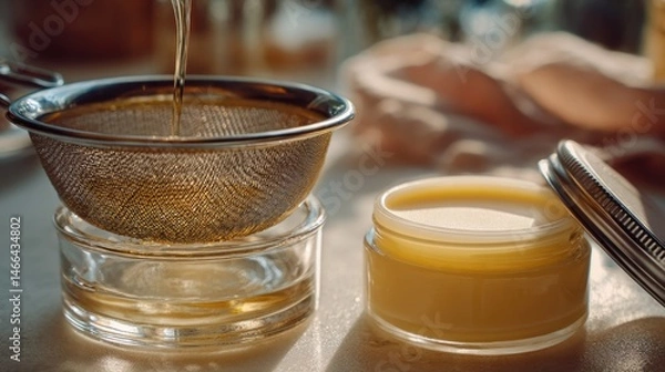 Obraz Homemade beef fat lotion and natural straining process in sunlit kitchen,,beef tallow for skin,