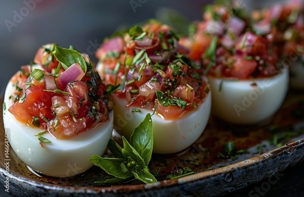 Obraz Delicious Hard Boiled Eggs with Chunky Tomato Relish and Sliced Onions Garnish