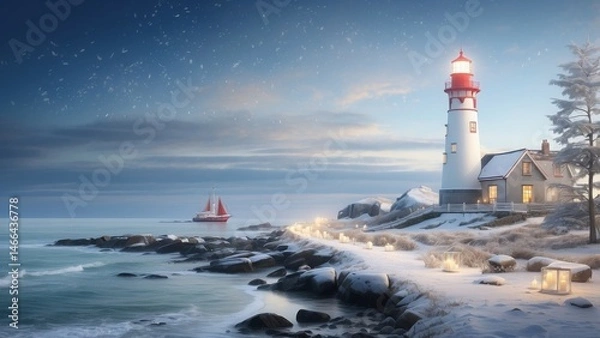 Obraz Winter coastal scene with a lighthouse, festive decorations, and calm, frosty atmosphere 