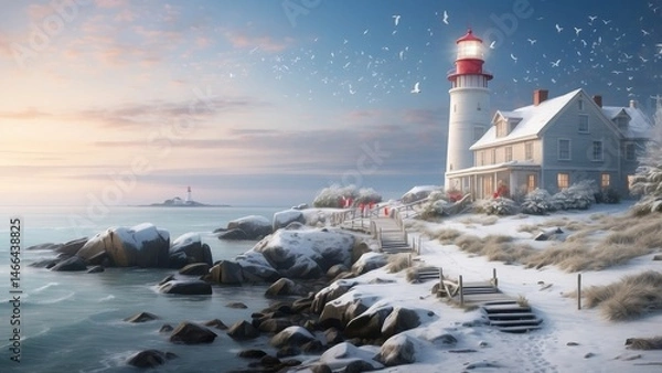 Obraz Winter coastal scene with a lighthouse, festive decorations, and calm, frosty atmosphere 