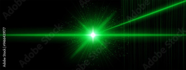 Fototapeta Green energy blast with flare rays and additional angled beams, digital particles spread in black background. Suggests sci-fi ignition, cosmic laser impact.