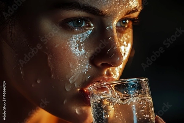 Obraz A woman is drinking water from a glass. The water is cold and clear, and the woman's face is wet from the water. Concept of refreshment and relaxation