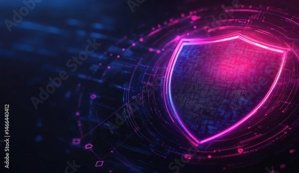 Fototapeta A colorful, pixelated image of a shield with a red border. The shield is surrounded by a blue background. Concept of security and protection