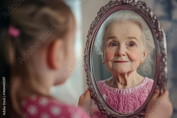 Obraz A young girl is looking at her reflection in a mirror. The girl is wearing a pink shirt and has a pink bow in her hair. The mirror is silver and has a gold trim